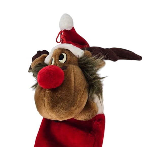 VTG Smithy 3D Plush Red Nose Reindeer Moose 27" Christmas Stocking Santa Hat - Picture 6 of 14